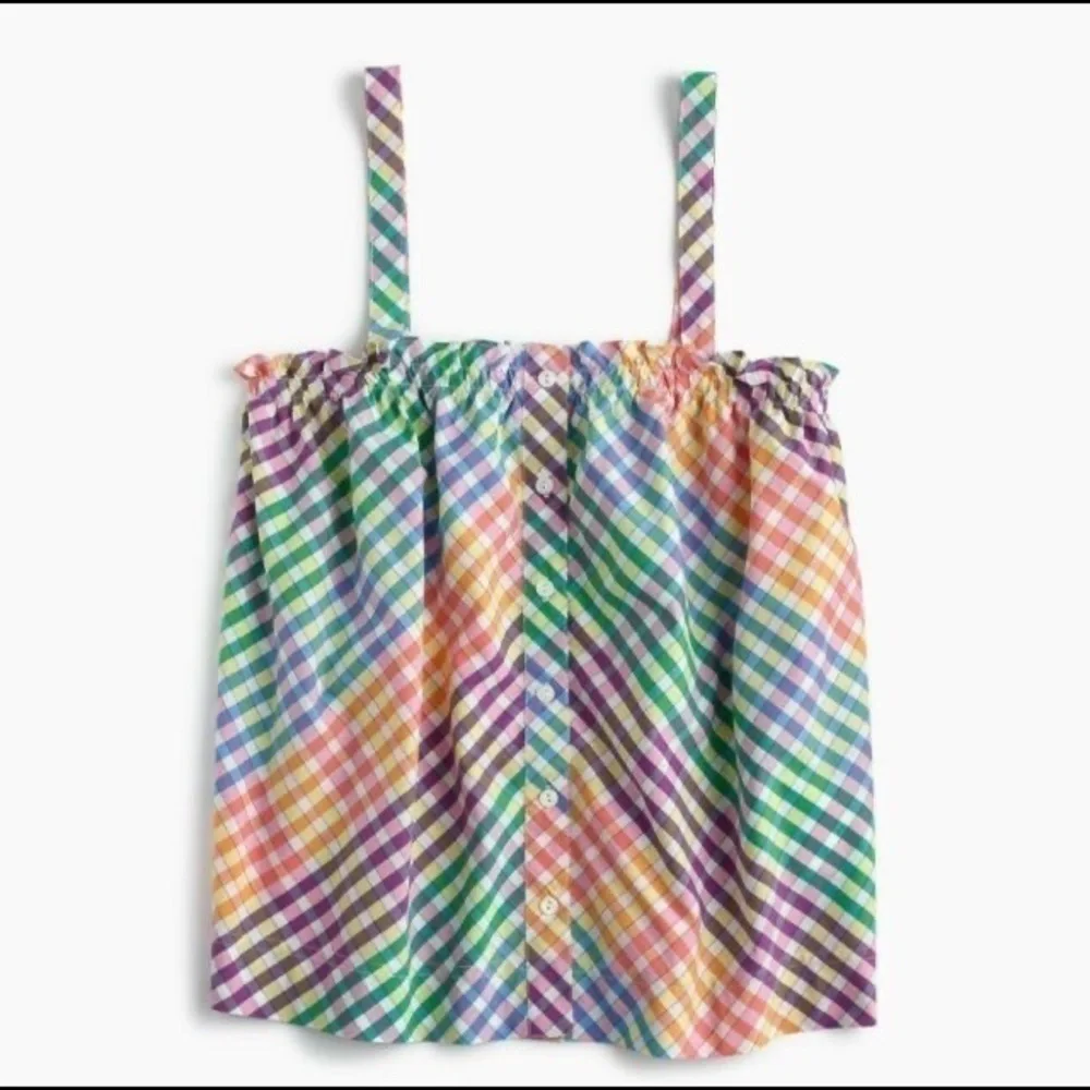 J. Crew Rainbow Gingham Button Front Ruffle Top 4